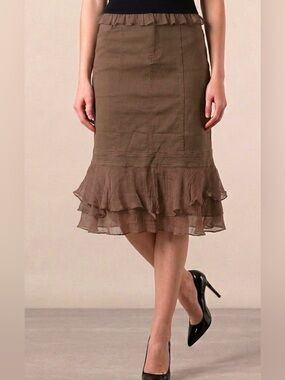 Vintage Oscar Leopold Brown Tiered Silk Ruffle Midi Skirt - NWOT